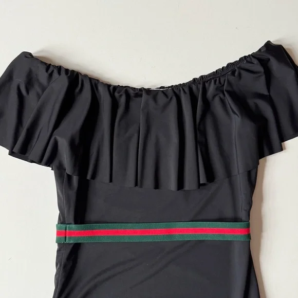 Stella Cove Girls Black Ruffle Swimsuit with Gucci-Style Belt - Size 12Y